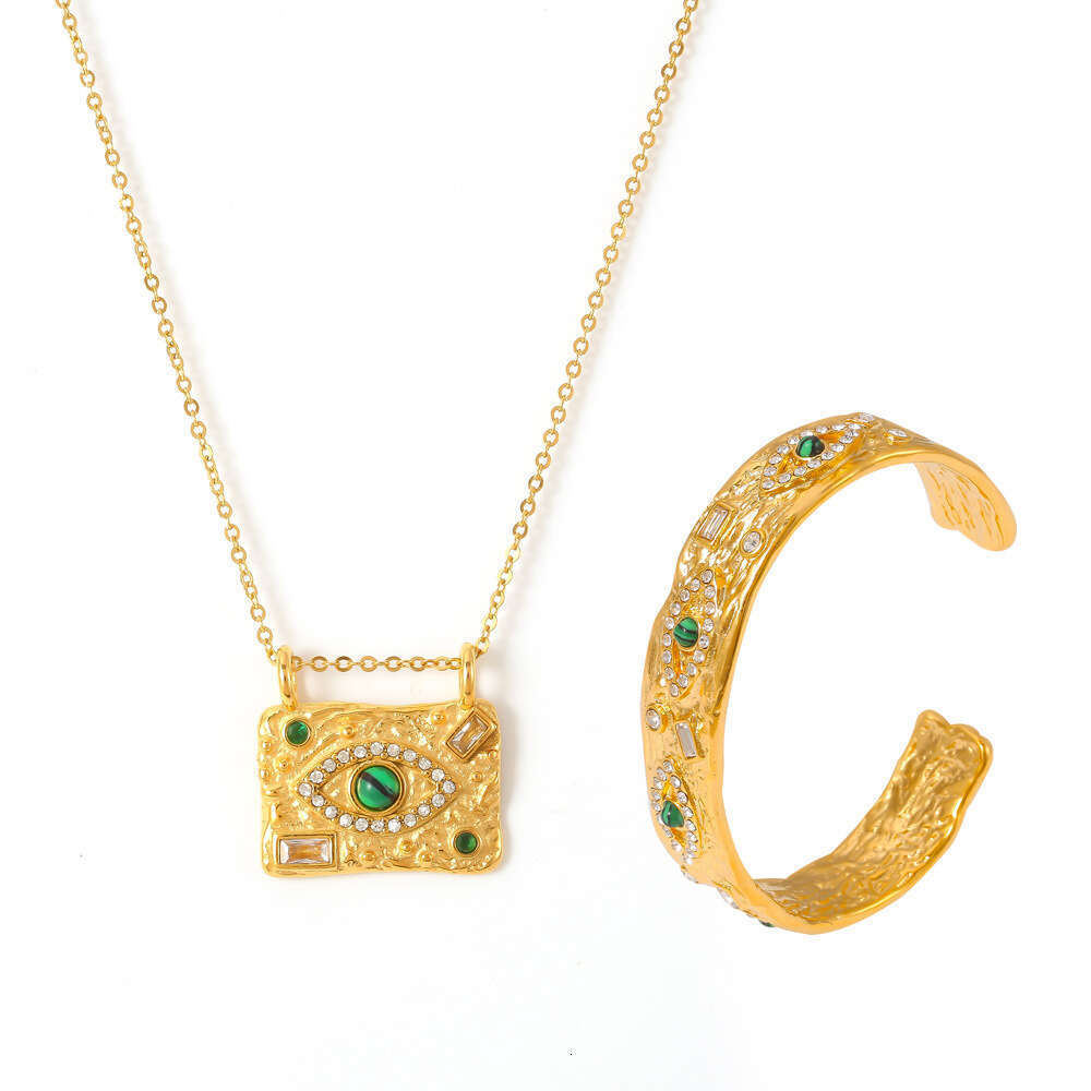 Texture Devil's Eye Square Pendant Necklace Ring Earrings Open Bracelet Titanium Jewelry Set