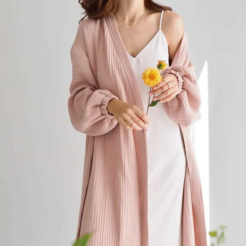 Summer Women Double Gauze 100 Cotton Womens Nightgown Gown Robe Long Sleeve Cardigan Gown Morning Gown Pajamas Home Clothes C251115