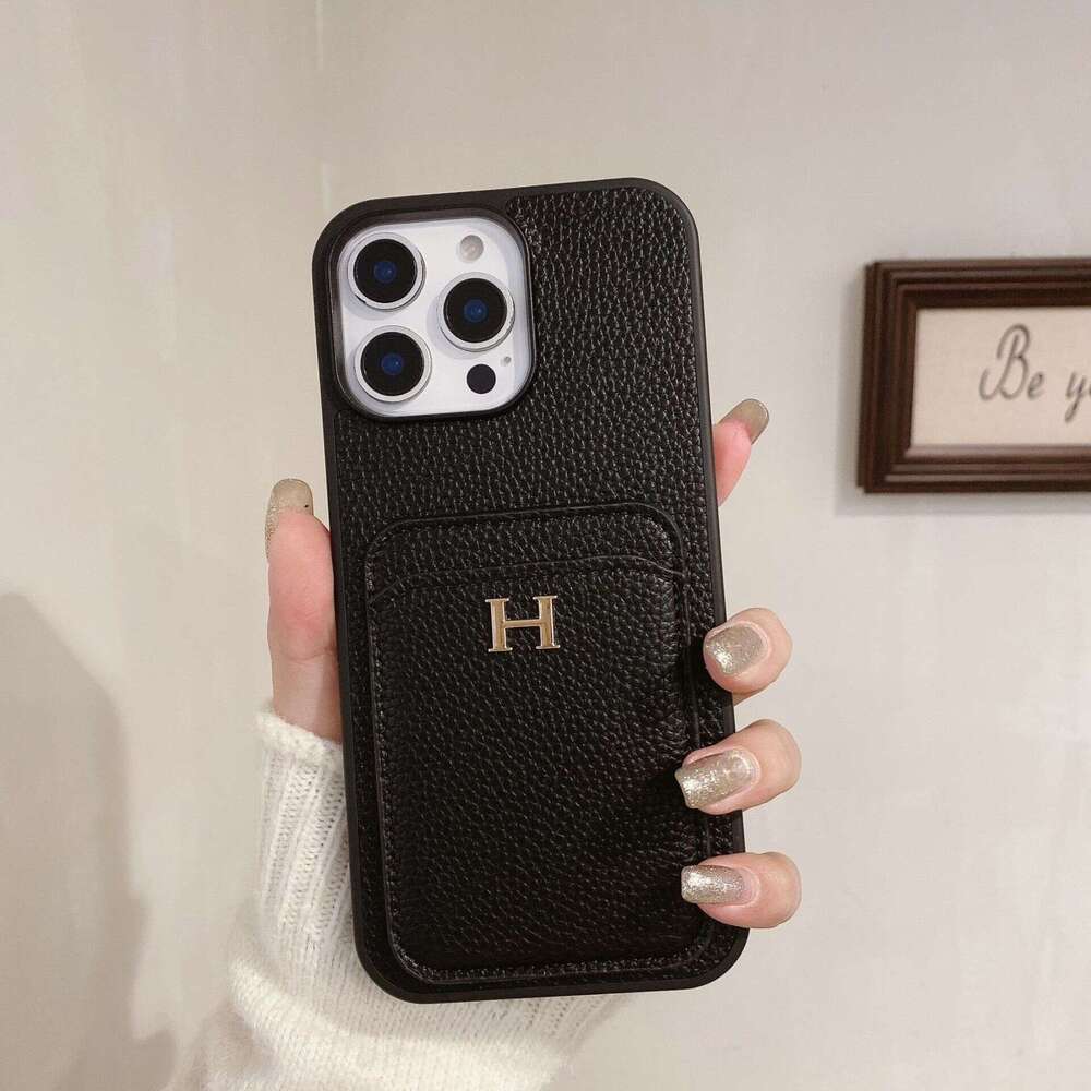 iPhone 17 Pro Lychee Texture Leather Card Slot Apple 16/13 Trendy Brand Phone Case