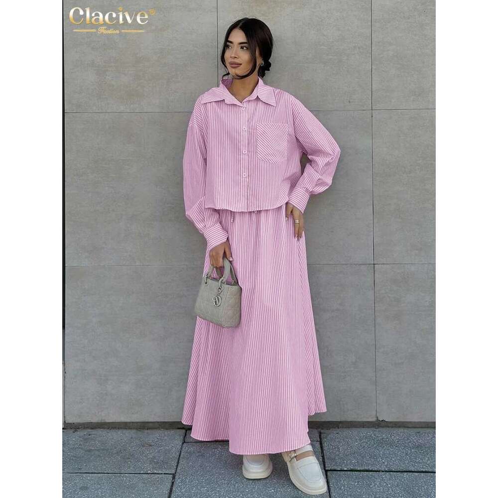 Clacive Fashion Pink Stripe 2 Piece Women Outfit Elegant Sleeve Shirt With High Waist Long Skirts Set Female Streetwear