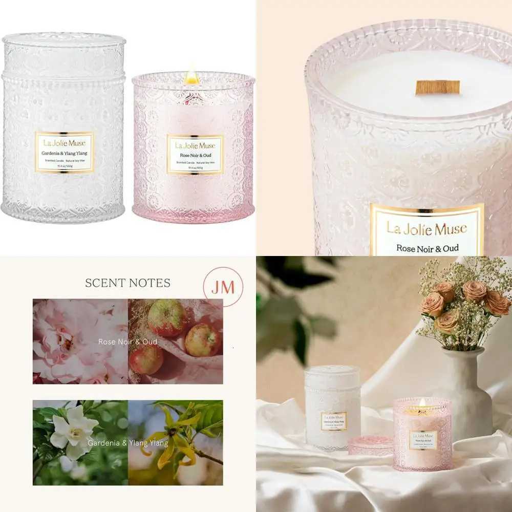 Large Wood Wick Candle Set - Rose Noir and Oud Gardenia and Ylang Scents 90-Hour Burn Time - Perfect Housewarming Gift C251115