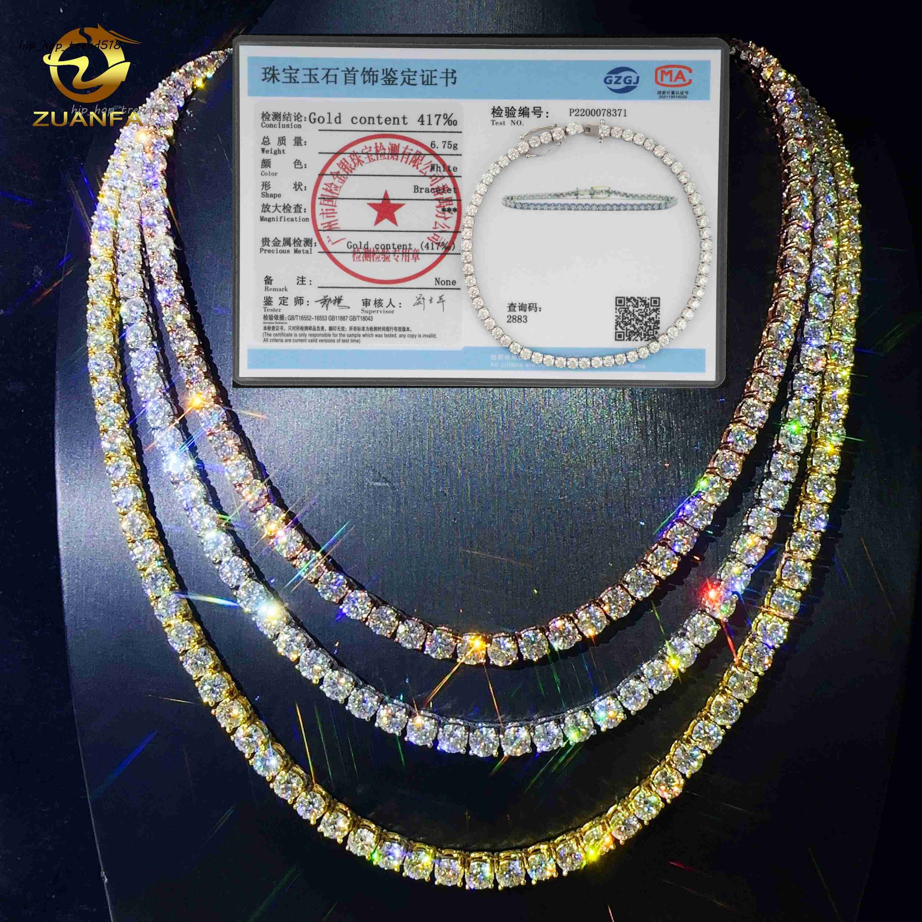 Custom Hip Hop Tennis Necklace Jewelry 925 Sterling Silver White Gold Plated 3mm Moissanite Diamond Tennis Chain