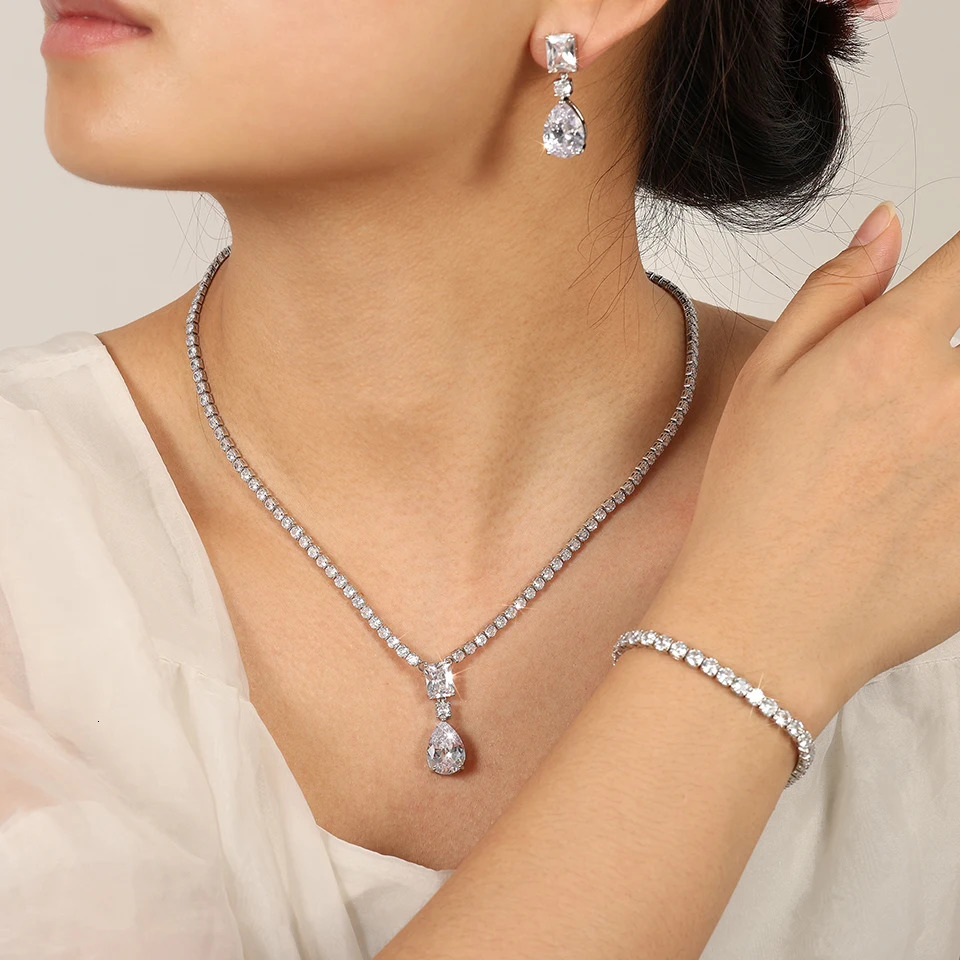 ZAKOL White Gold Color Tennis Choker Necklace Earrings Sets for Women Shinny Green Water Drop Zircon Wedding Jewelry 250414