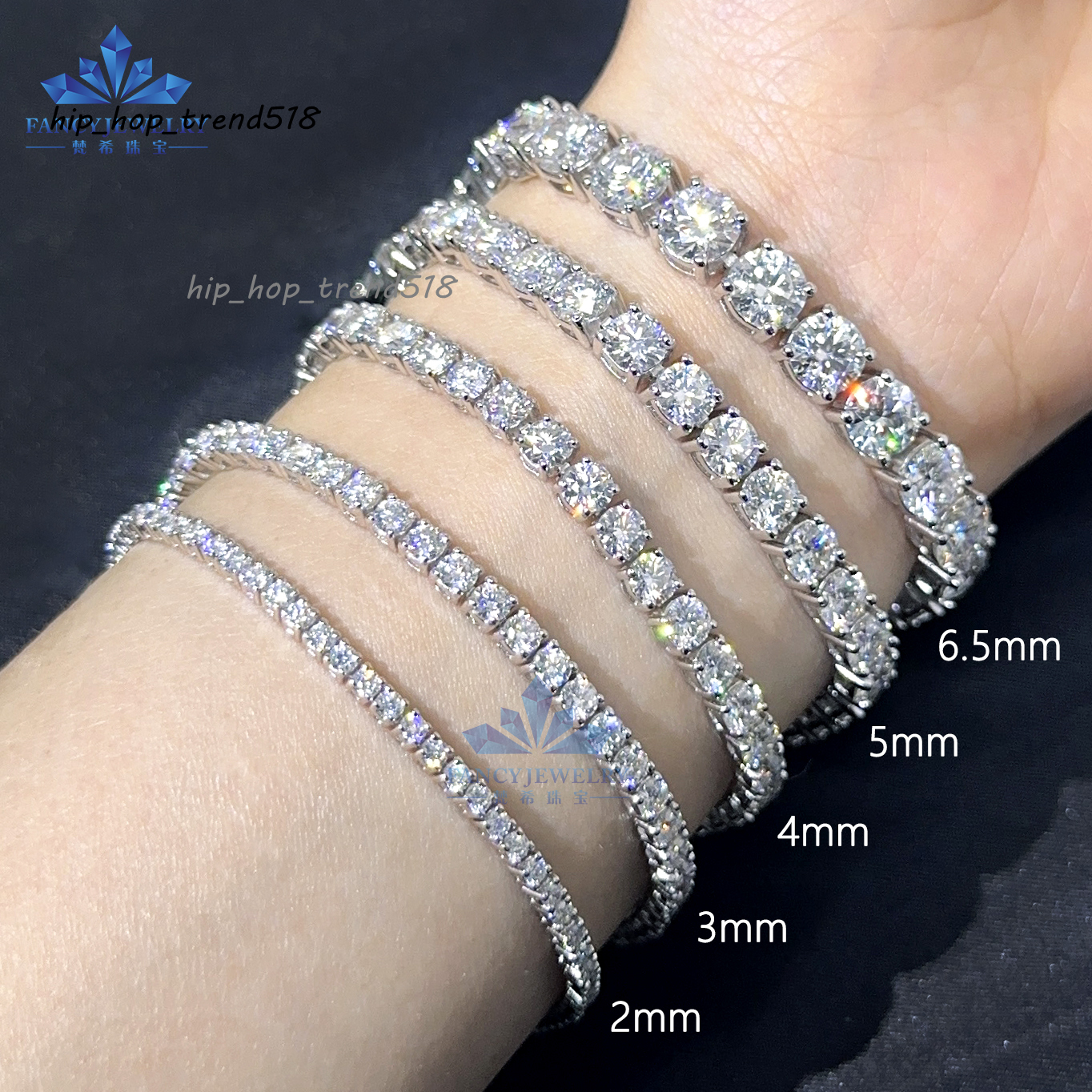 In Stock 3mm 4mm 5mm VVS Moissanite 925S Sterling Tennis Chain Bracelet for Hip Hop