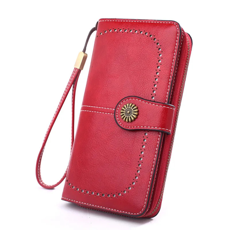 Fashionable hollow coin wallet suitable for womens oily leather phone bags long zipper handbags coin bags and three fold womens wallets 250410