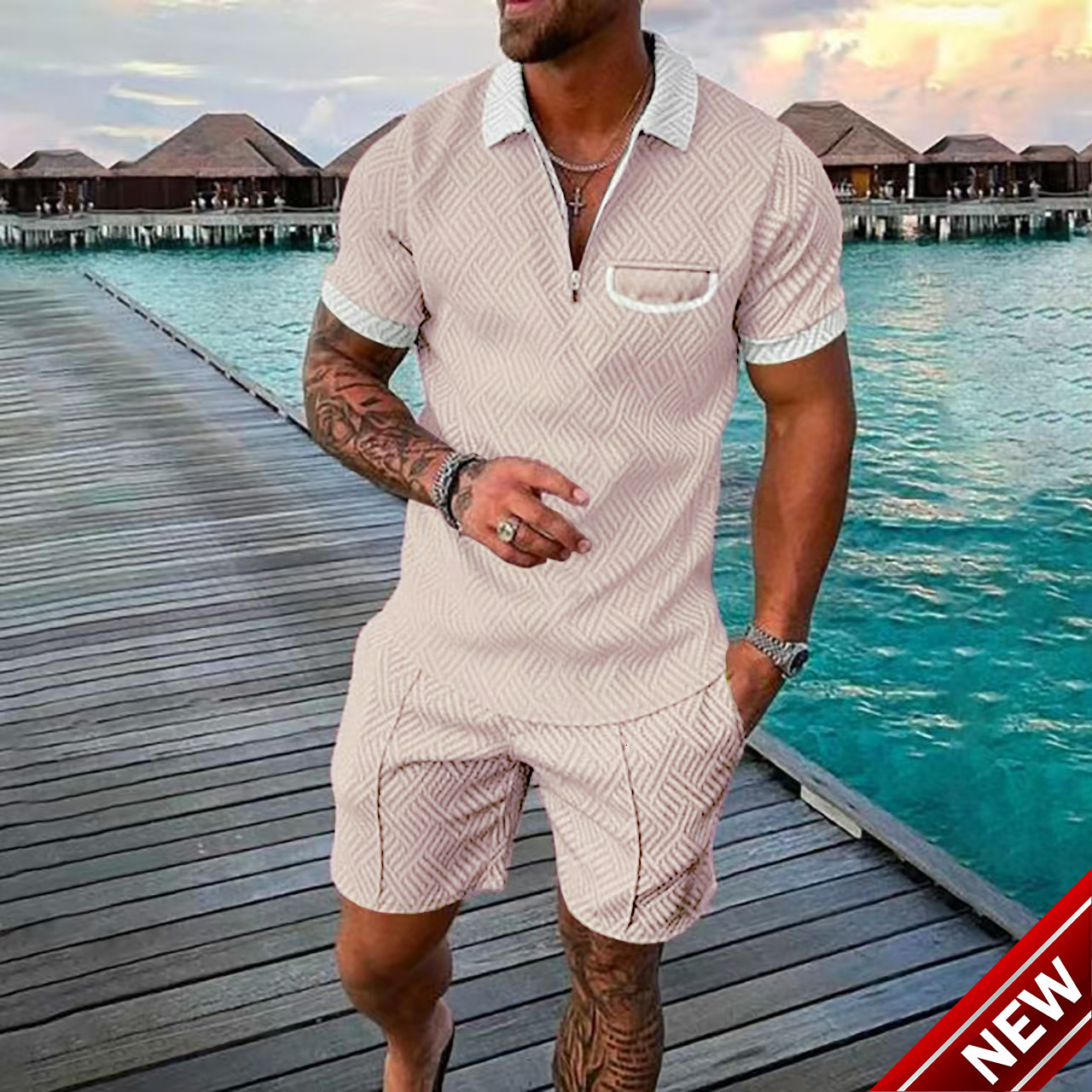 New Mens Fashion Casual Set 3D Digital Printed Zipper Short Sleeve Mens Shorts