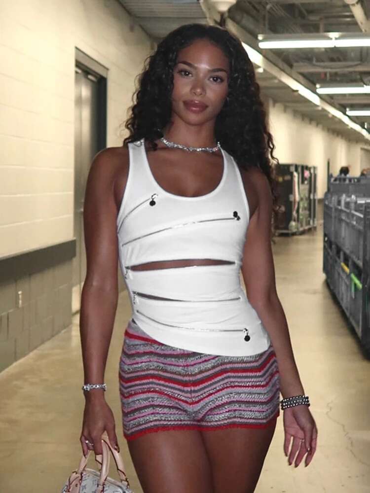 Weird Puss Zipper Patchwork Vest Women Hollow Irregular Square Collar Solid Hottie Coquettish Sexy Trend Streetwear Tank Tops