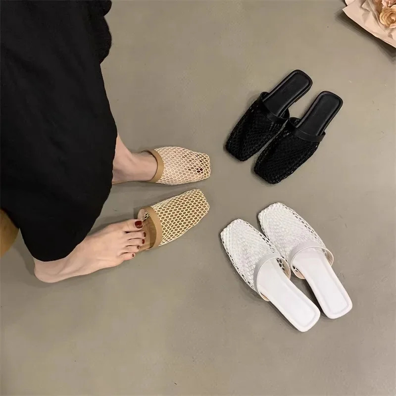 Womens Slippers Flat Sole Large Mesh Upper Square Toe Womens Mules Dress Daily Commute Roman Cover Toe Zapatillas De Mujer 250411