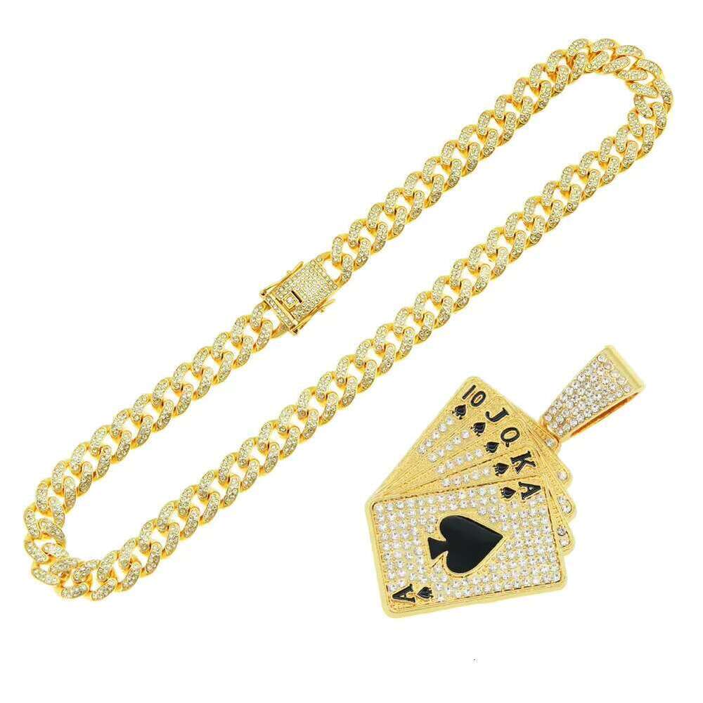 DHcollection Full Iced Out Crystal 13mm Miami Cuban Chain With Rhie Poker Pendant Necklace