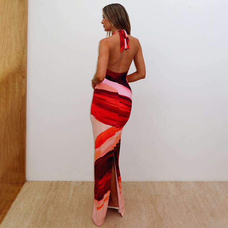 Women's Wear Spring New Women's Fashion Sexy Hanging Neck Strap Off Back Contrast Printed Bag Hip Dress Long Skirt
