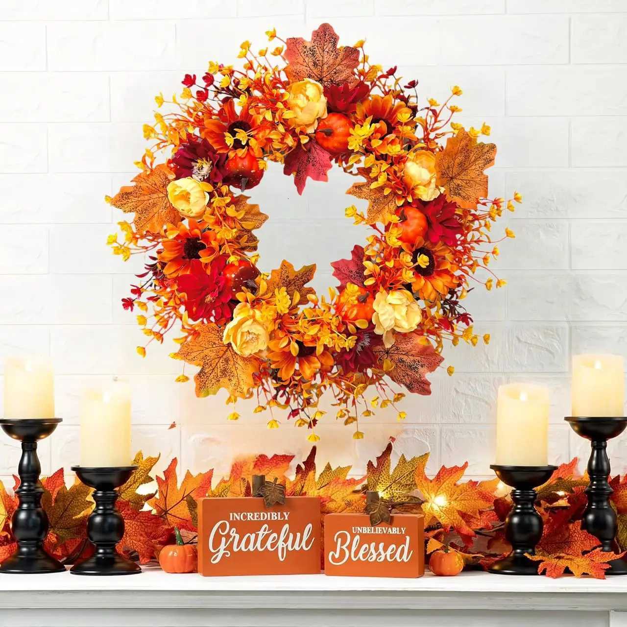 Autumn wreath pendant Harvest Festival Maple Leaf Pumpkin Wreath Door Hanging Simulation Wreath ThanksgivingM251115