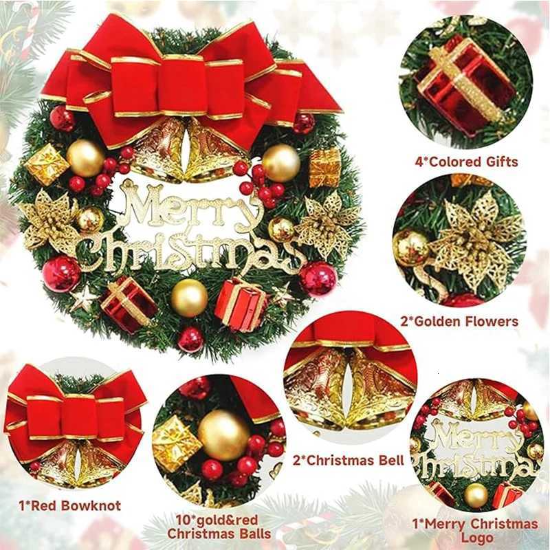 Christmas Wreath Front Door Hanging Ornaments Artificial Wreath Bell Gift Box Bow Stars for Christmas Tree Home Windows DecorM251115