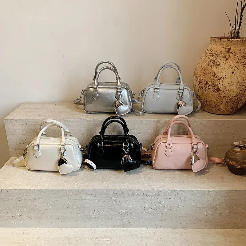 PU leather womens handbag casual cross body bag pillow Boston bowling handbag spring summer candy color 250410