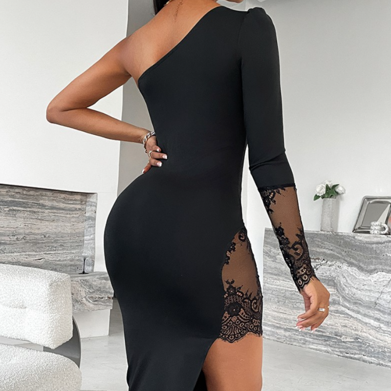 Urban Sexy Dresses Women's Black One-Shoulder Bodycon Midi Dress - Lace Sleeve & Side Split Slim Fit Dress, Elegant Evening Party & Cocktail Form