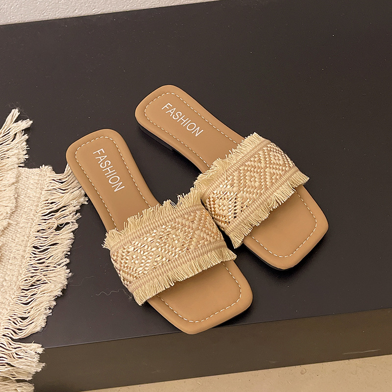 Free shipping Fashion Flat Fringe slipper Women 2025 Summer New Square Head Large Size 42 Low Heel Casual slippers