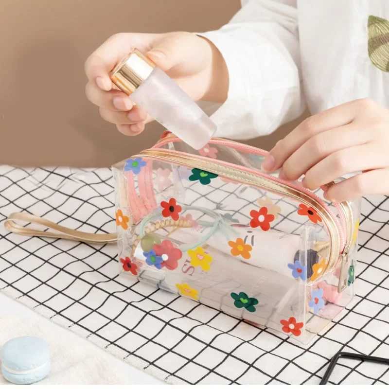 1 piece PVC transparent makeup bag womens waterproof zipper flower and fruit beauty case travel makeup bag transparent makeup bagXJ250415