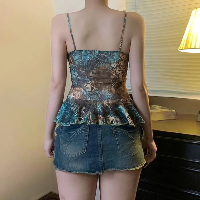 Sexy shoulder strap sleeveless vest fashionable womens patch work V-neck retro street top casual Y2K spring/summer T-shirt 250415