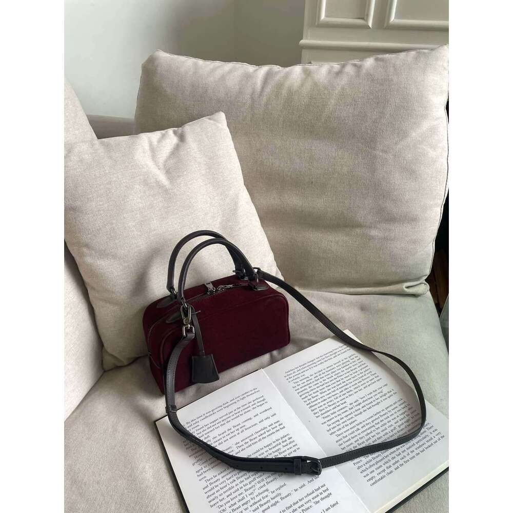 Mm Women's Bags Niche Suede Bowling Box Bag New Boston Tote Single Shoulder Crossbody Bag, High-Quality