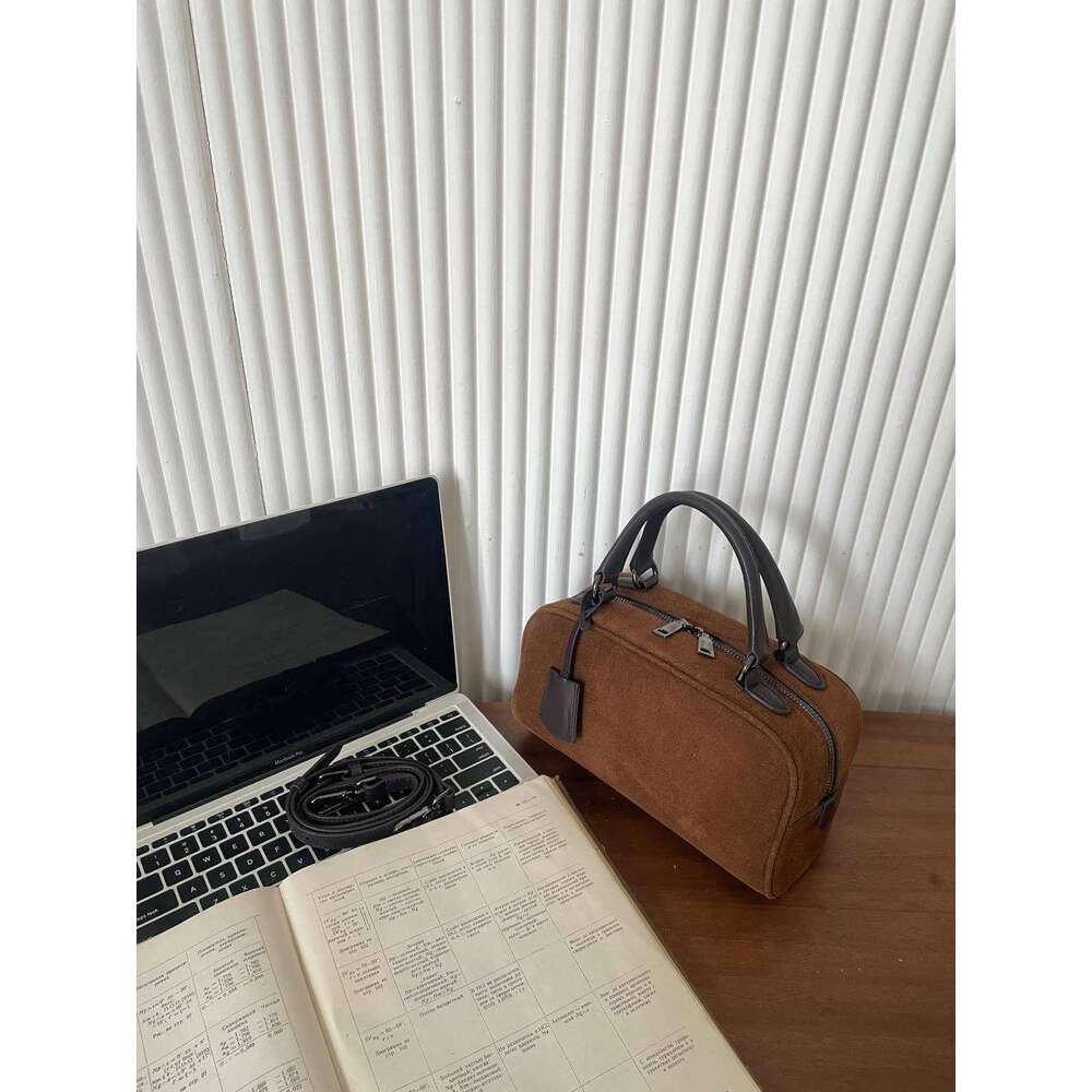 Mm Women's Bags Niche Suede Bowling Box Bag New Boston Tote Single Shoulder Crossbody Bag, High-Quality