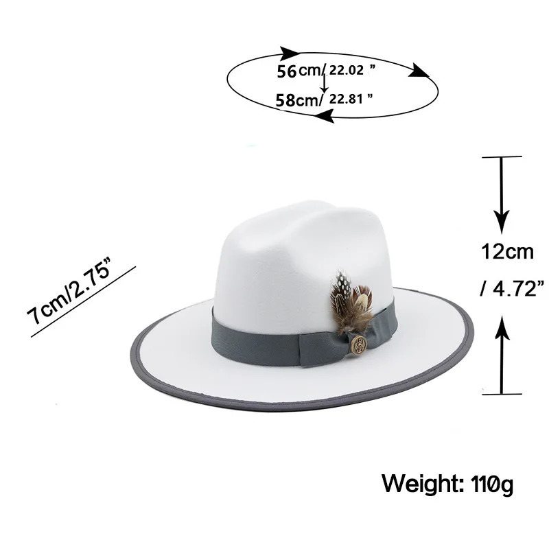 White Fedora Hats with Feather Band Faux Woolen Top Hat Men Flat Brim Jazz Panama Cap Women Elegant Party Jazz Church Hats 250407