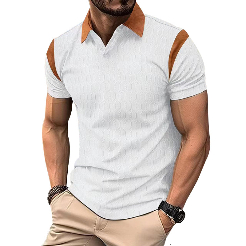 2025 summer new slim fit polo waffle jacquard color blocked lapel men's short sleeved shirt