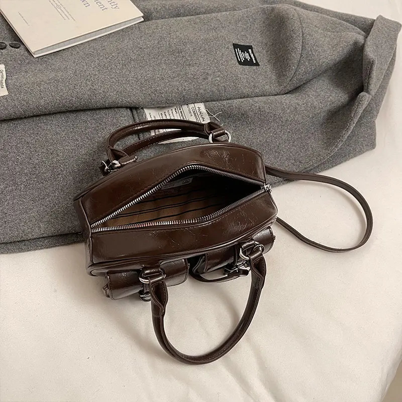 Minimum wax leather pillow bag vintage Boston bag handheld shoulder bag 250410