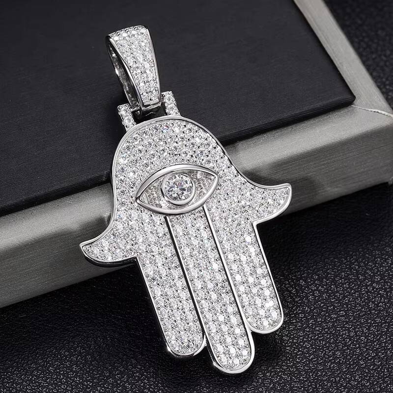 Dropshipping Fine Jewelry 925 Sterling Silver VVS Moissanite Bling Iced Out Evil Eye Hamsa Hand Pendant for Men Women