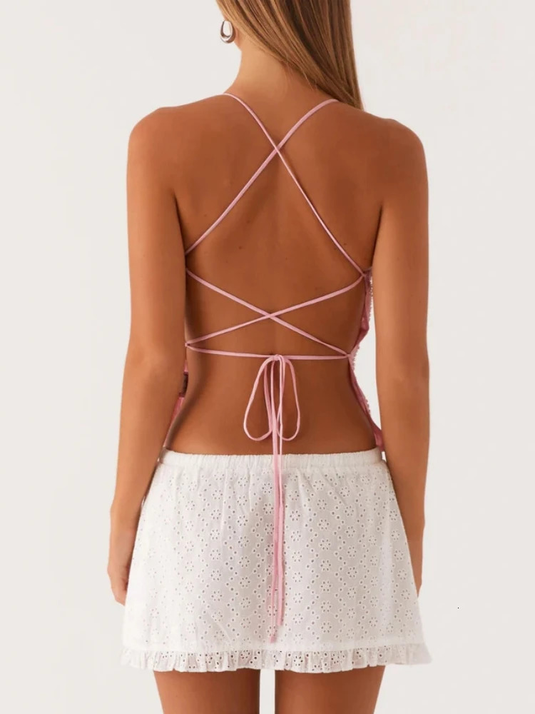 Summer Pink Glitter Bandage Crop Top Womens Sexy Strap Sleeveless Backless Cami Tank Y2k Retro Street Top Edition 250415