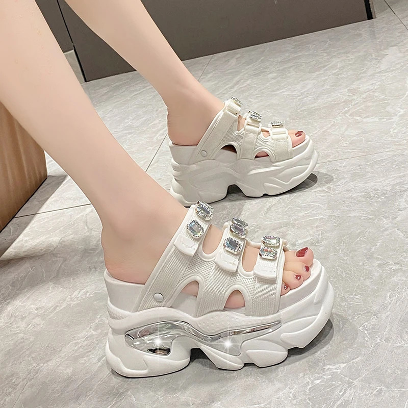 Summer breathable mesh slippers for womens outdoor short and chubby sandals wedge platform pearl shoes for womens beach flip 10.5CM 250408