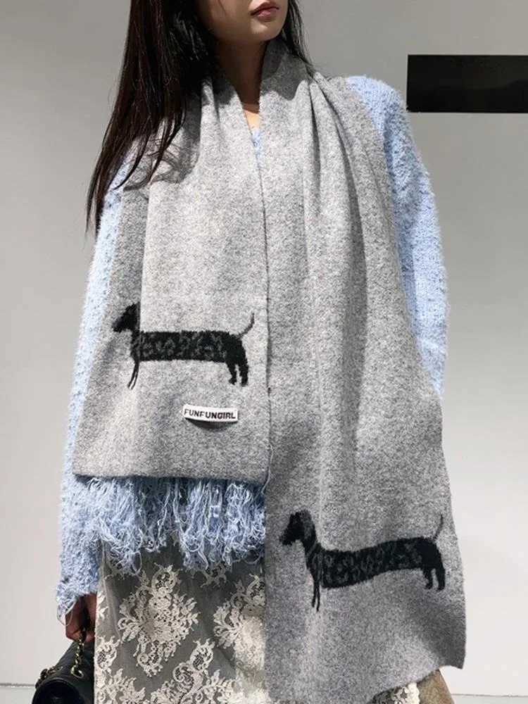 Luxury UCXQ Korean Leopard Dog Pattern Scarf For Women Fuzzy Texture Quadrilateral Knit Scaves 2025 Autumn New Tide 23Z3476 Y251115