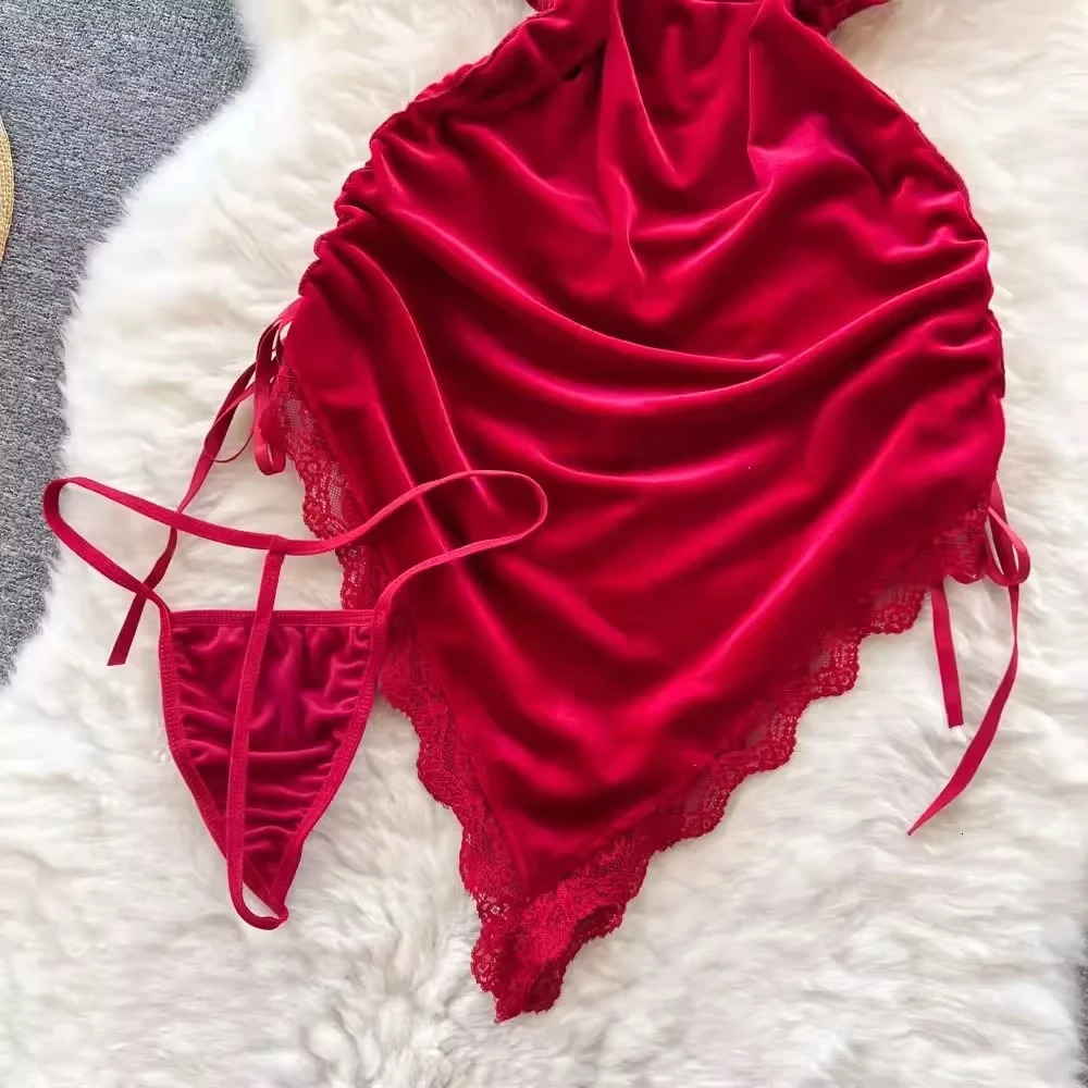 Women Sexy Red Ruched Mini Dress Sleeveless Backless Spaghetti Strap Dress Drawstring Bodycon Party Club Dress with Thong 250415