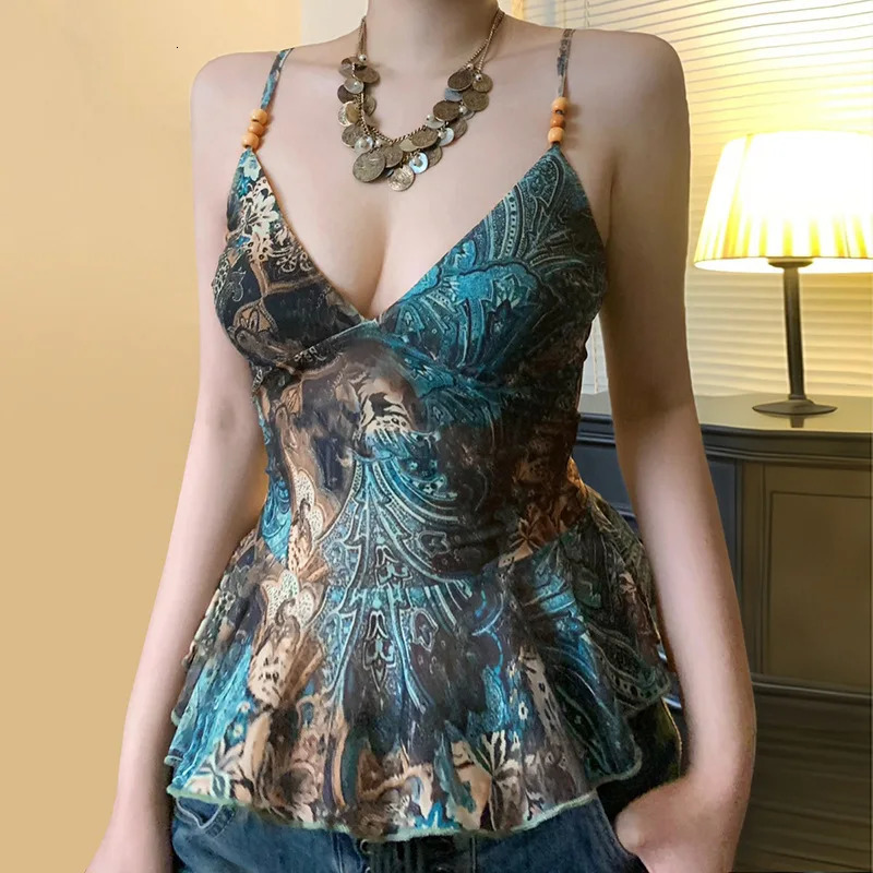 Sexy shoulder strap sleeveless vest fashionable womens patch work V-neck retro street top casual Y2K spring/summer T-shirt 250415