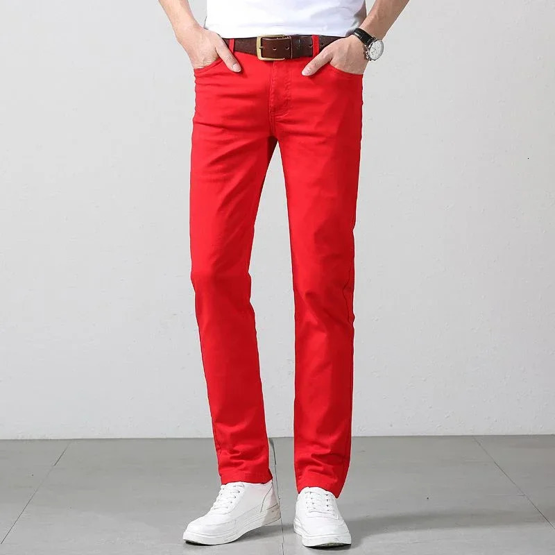 Mens denim pants color pink fashionable business casual classic Trouser mens ultrathin red straight leg 250414Z