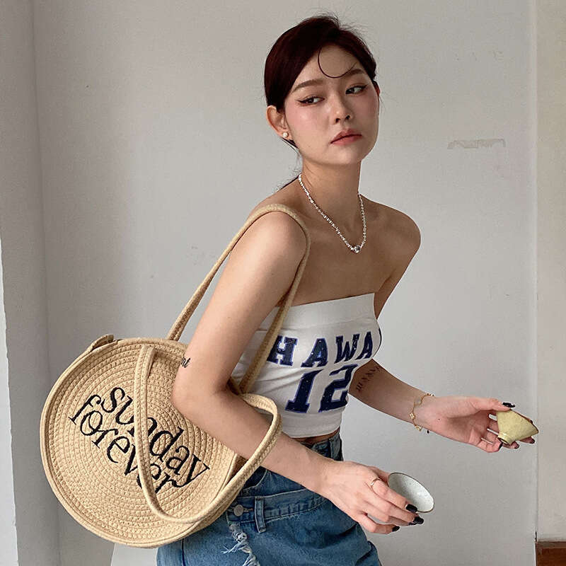 Handmade Beach Bag New Korean Version Niche Instagram Iuencer Shoulder Round Letter Grass Bag, Handmade Cotton Rope Woven Bag Kq2
