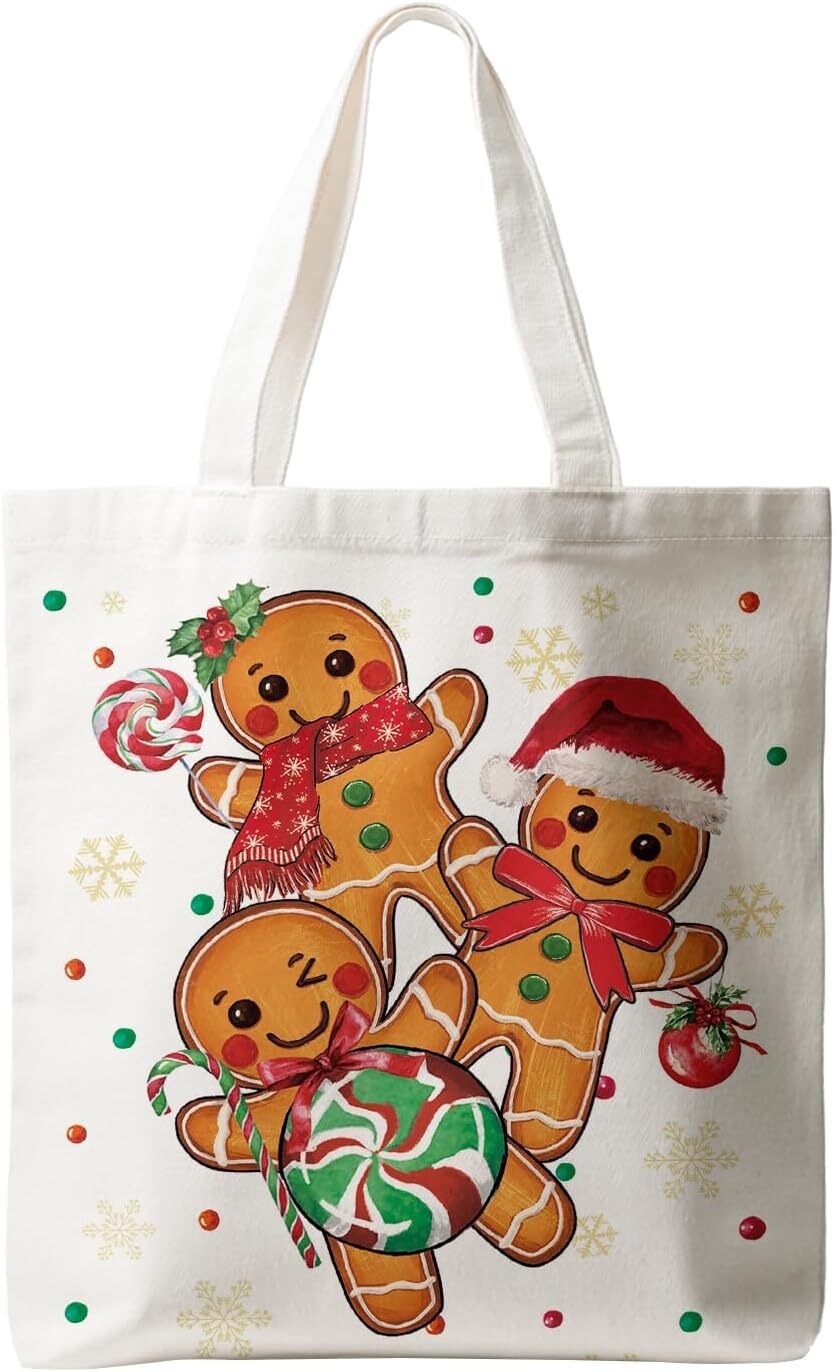 Christmas Canvas Bag, Christmas Winter Gingerbread Man Reusable Shoulder Tote Bag for Women Lady Casual Vacation, Shopping, Work, Gym ddmybear