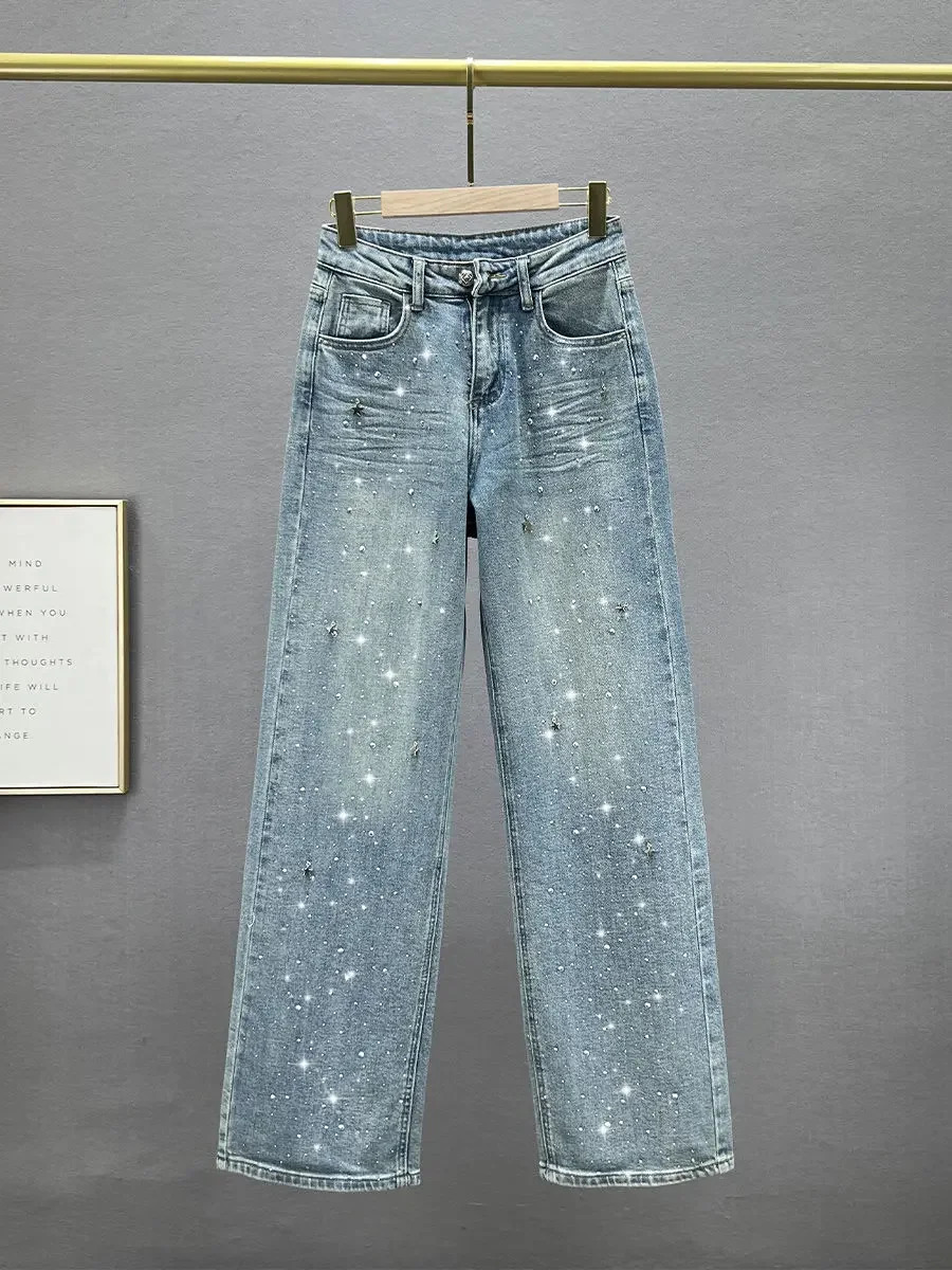Rhinestone XINGX Pendant High Waist Wash Jeans Womens Summer Loose Slimming and All-Matching Straight-Leg Pants 250414