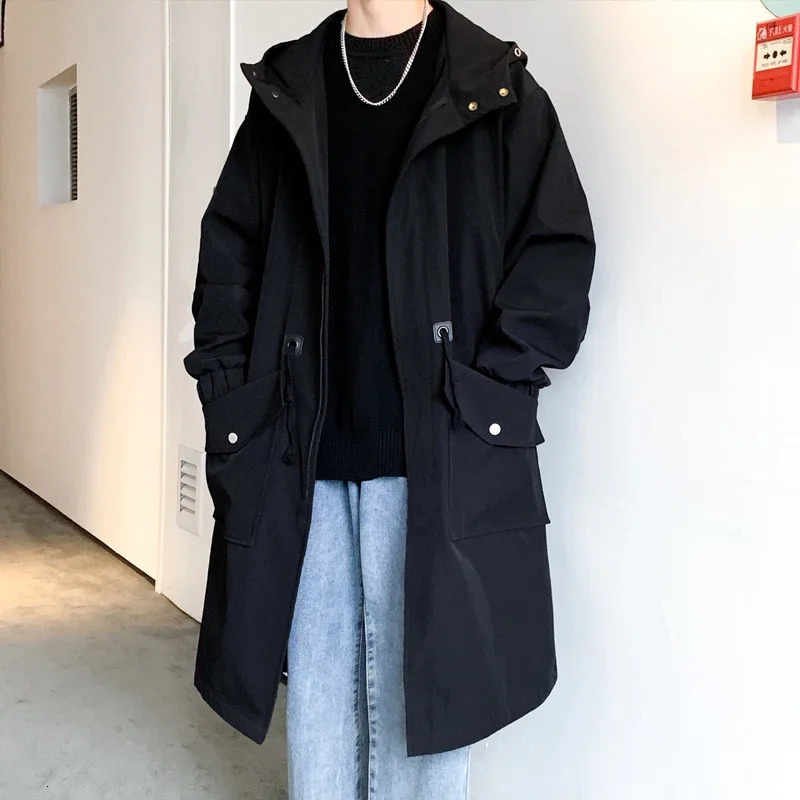 Autumn windproof jacket mens mid length pocket jacket Hong Kong style fashionable and handsome hooded jacket trench coat 250415