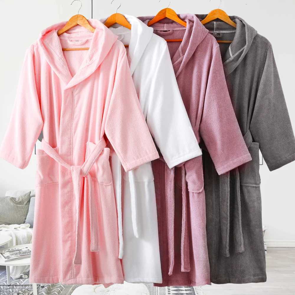 Bathrobe 100 Cotton Hooded Women Long Sleeve Open Front Robes Christmas Robe Sleepwear Homewear Kimono robe White Winter C251115