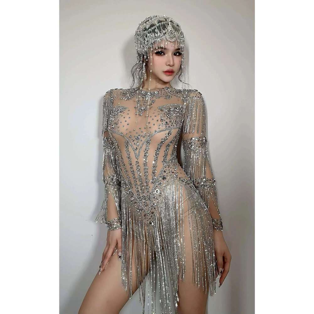 Women Sexy High Stretch Performance Dance Costume Nightclub Birthday Evening Party Wear Sparkly Rhie Bodysuit Stage Outfit