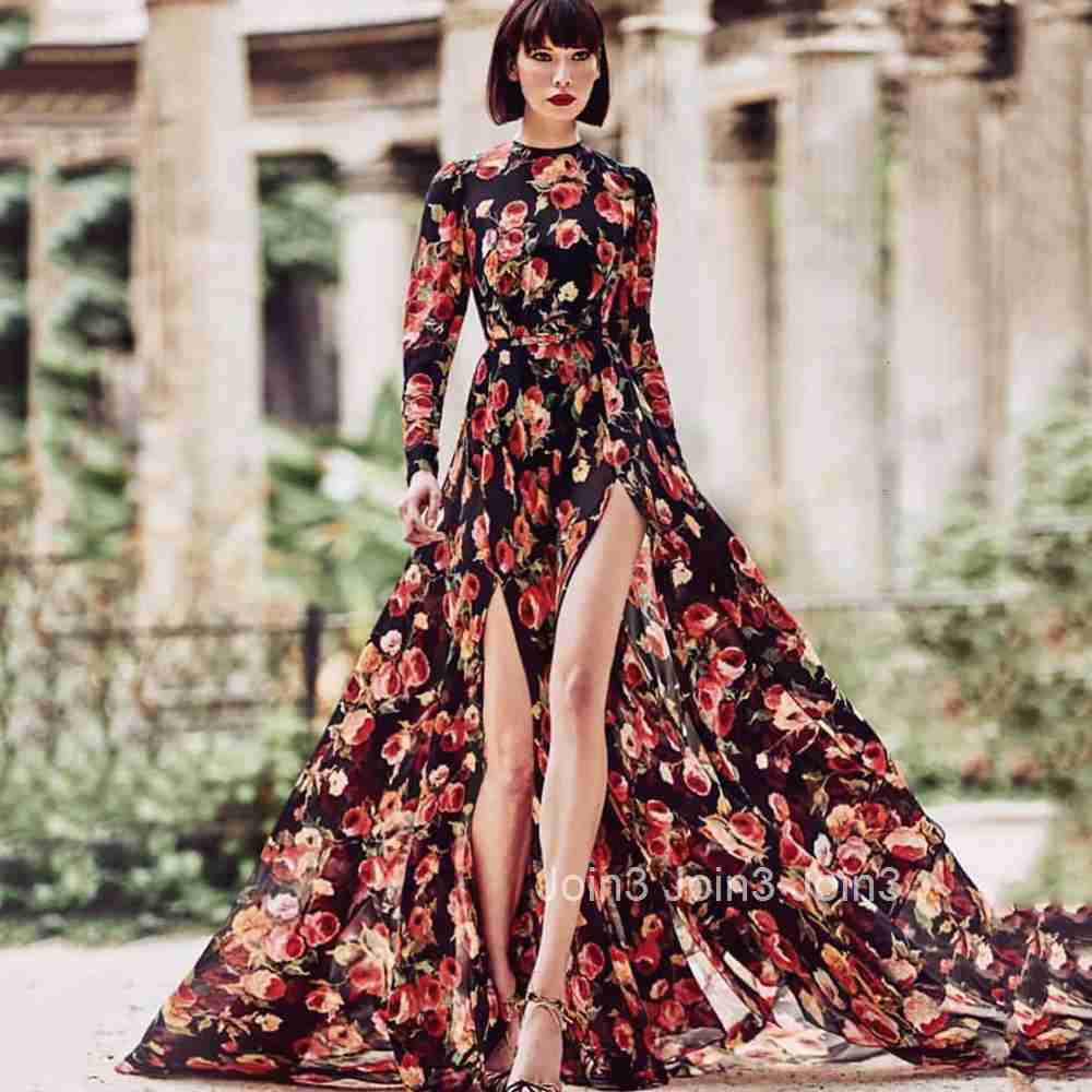 2025 New Womens Printed Large Swing Dress with Split Fashion Long Skirt Beach Skirt