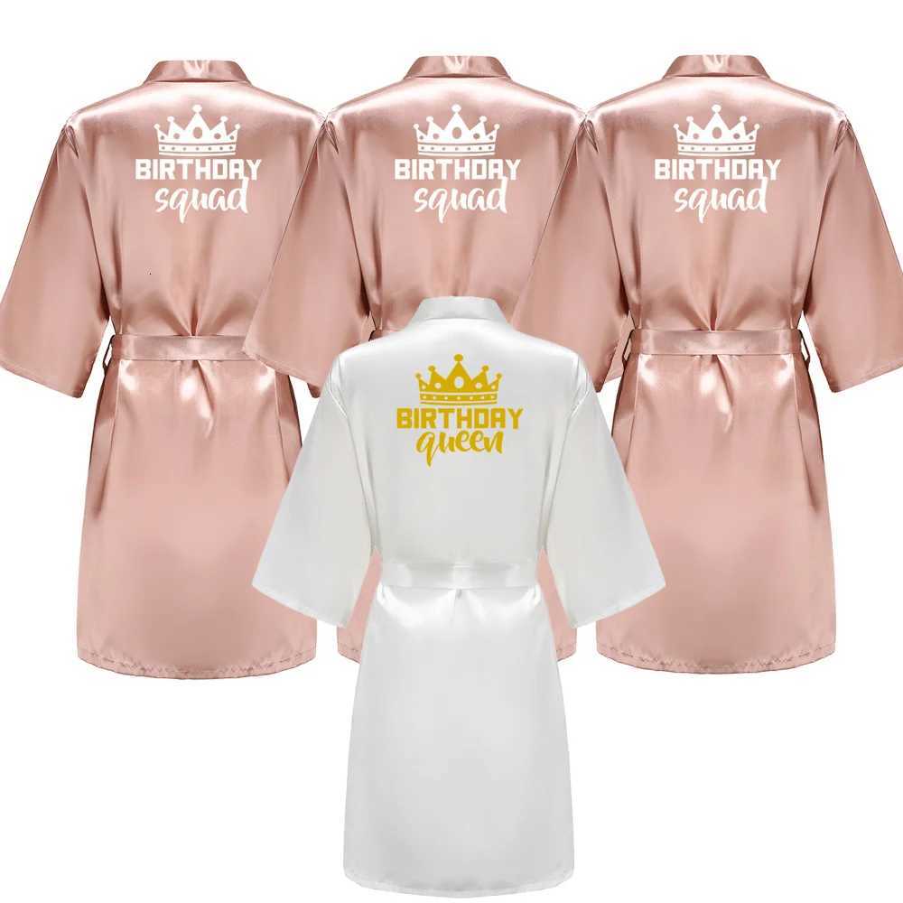 Birthday Party Queen Squad Robes Satin Pamas Dressing Gown White Writing Kimono Bathrobe C251115