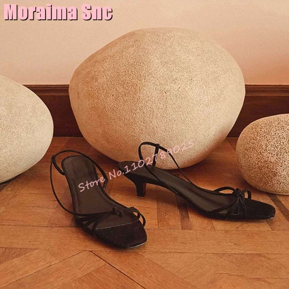 Fashion Concise Narrow Band Sandals Knot Hollow Sexy Kitten Mid Heel Solid Women's Dress Shoes Slip On Summer Banquet 2024 New