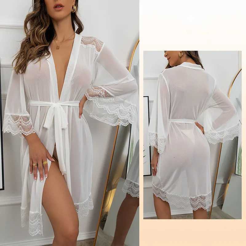 Robe Womens Mesh Lace 3/4 Sleeve Spring Summer Bathrobe Sexy Sleepwear Dressing Gowns Female Thin Nightwear Kimono Shower Robe C251115