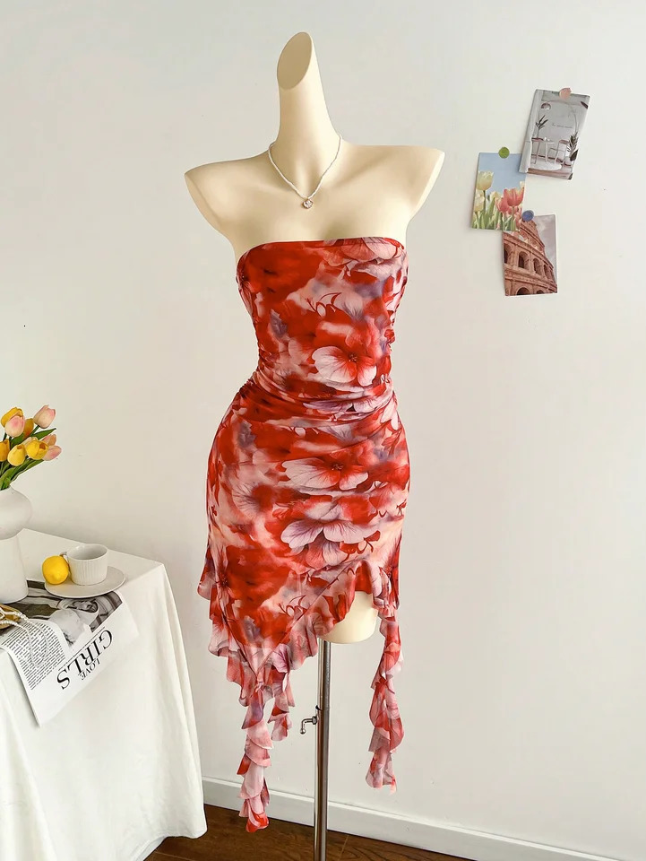 spring/summer ladies sexy strapless backless hemline irregular mini dress 250415