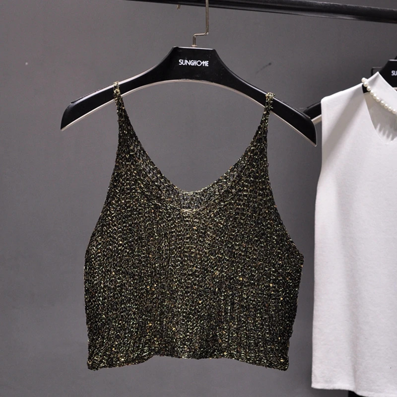 Sparkling Sequins Half Waist Render Knitwear Hollow-out Is Sexy Waist Condole Top Cropped Sexy Streetwear Woman Tops Summer 250415