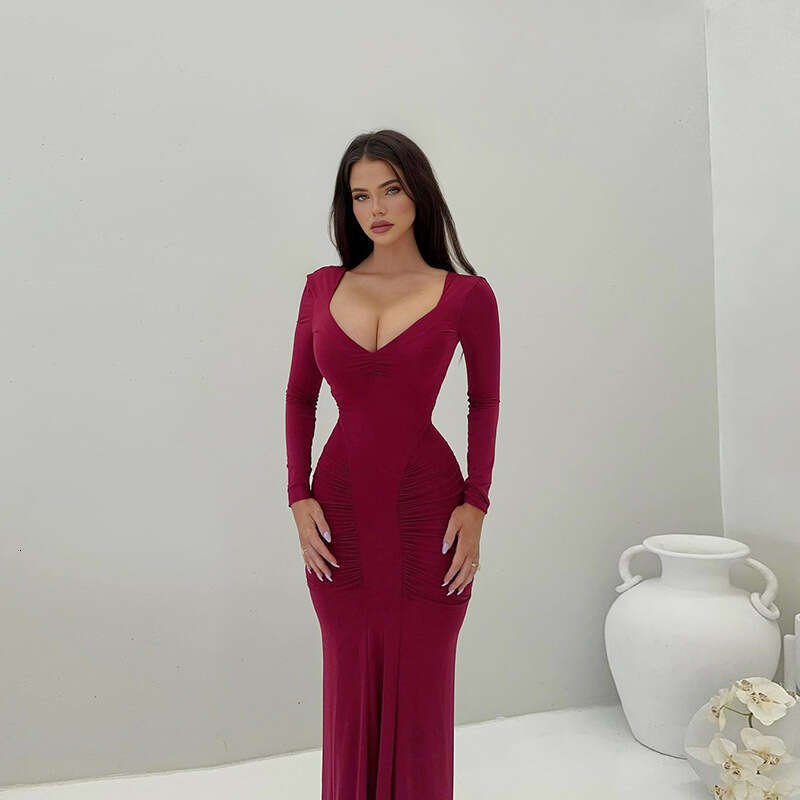 Women's Wear Spring New Women's Sexy Spicy Girl Sleeve V-Neck Solid Color High Waist Slimming Jumpsuit Long Dress