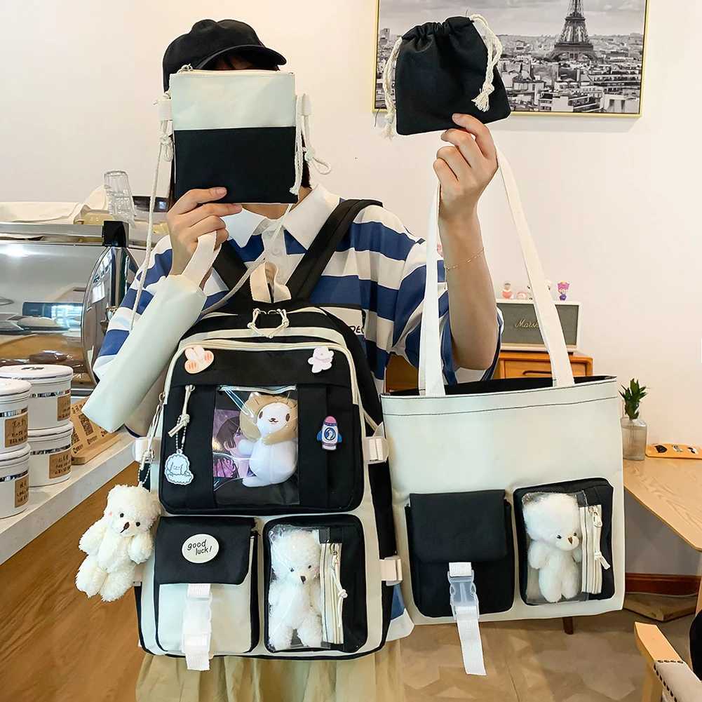 5pcs/set Kawaii Women Backpack Korean Cute Girl Bookbags Large Capacity Teenage Student School Bag Casual Canvas Travel RucksackW251114