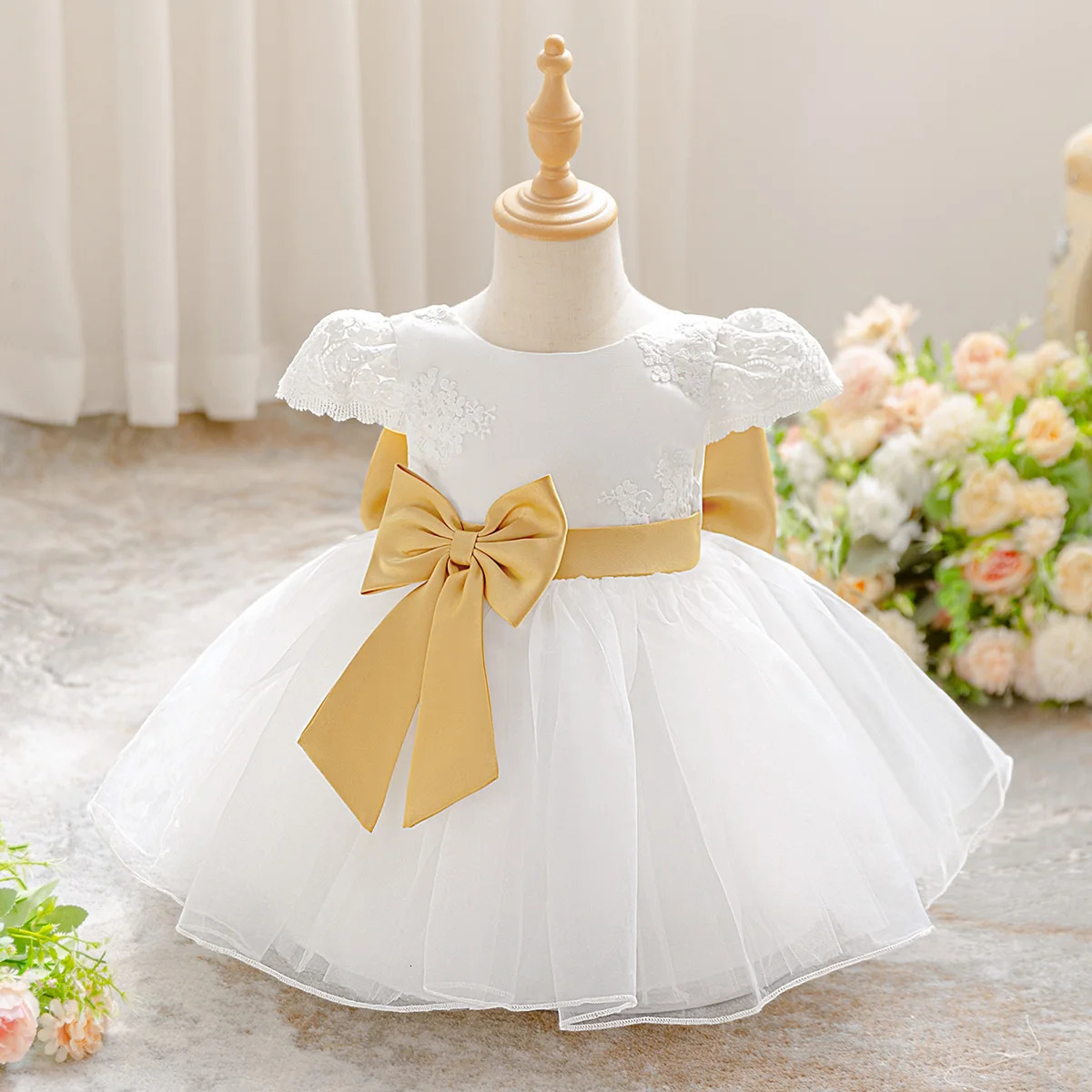 Infant Bow Baptism Party Girls Dress Elegant Baby 1st Birthday Wedding Princess Costume Kids White Bridesmaids Christening Dress 250415