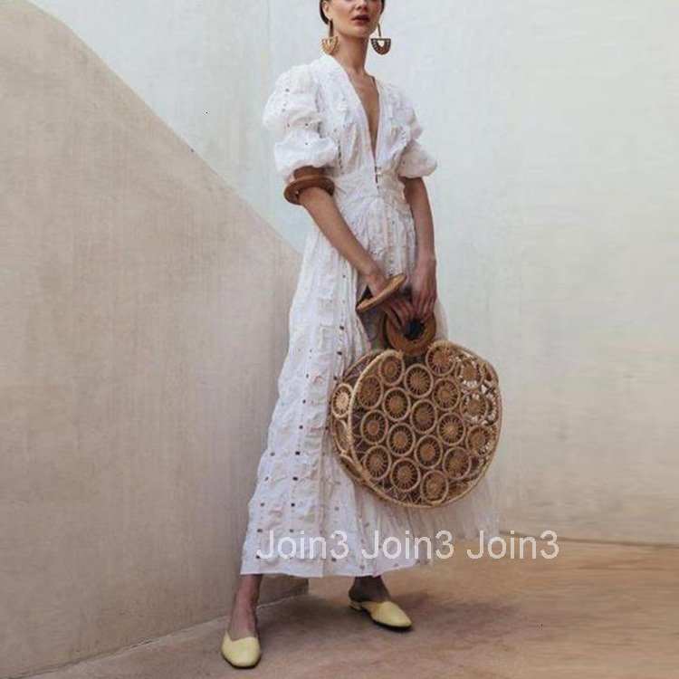 2025 Summer New Womens Deep v Bubble Sleeve Lace Dress with Hollow Skirt