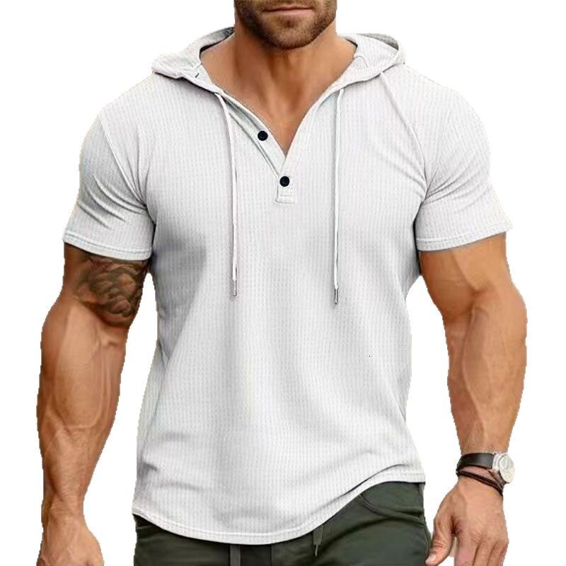 2025 New Summer Short sleeved T-shirt Men's Hoodie Top American Henley Shirt